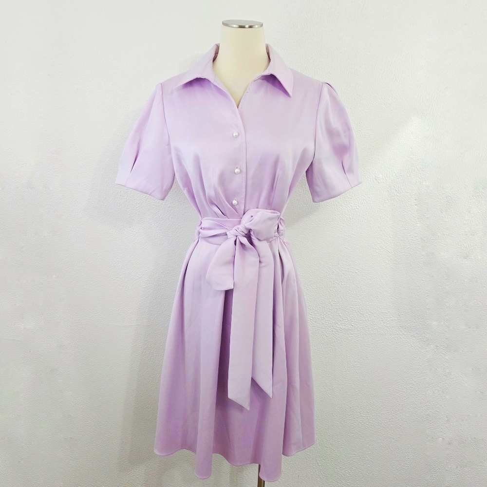 Preston & York Pastel Purple Satin Shirt Dress Collared Lilac Pearl Buttons Sz 8
